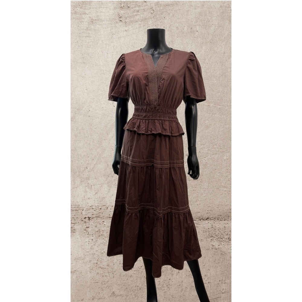THML Brown Cotton Tiered Midi Dress Puff Sleeve Smocked Waist Boho Size M - Picture 3 of 9